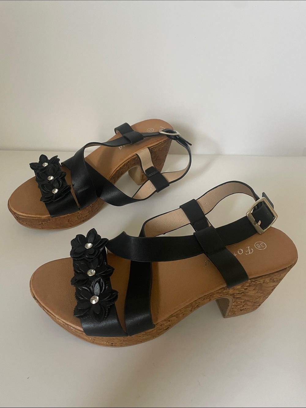 Black Floral Cork Heel Sandals Women’s EU 38 Platform Comfort Sandals